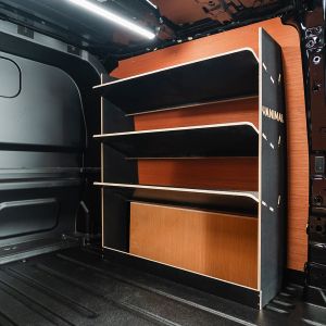 Rear van side angle view of the Ford Transit Custom 2024- SWB Crew Cab OS Hexaboard Toolbox Van Shelving