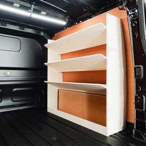 Rear van side angle view of the Ford Transit Custom 2024- LWB Crew Cab OS Toolbox Van Shelving