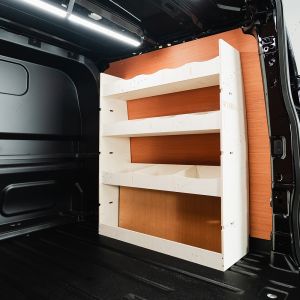Rear van side angle view of the Ford Transit Custom 2024-SWB Crew Cab OS Van Racking