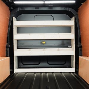 Close-up rear van view of the Ford Transit Custom 2024- LWB Crew Cab Bulkhead Van Racking