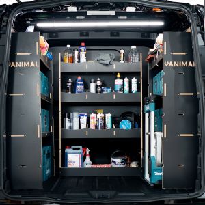 Rear van view of the Ford Transit Custom 2024- LWB Crew Cab Twin MakPac and Bulkhead V2 Hexaboard Van Racking displayed with Makita toolboxes and tools