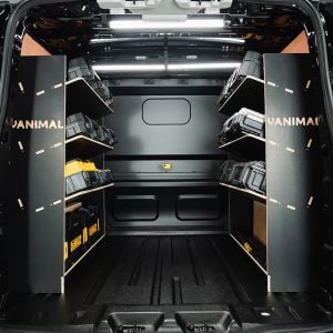 Rear van view of the Ford Transit Custom 2024- LWB Crew Cab DeWalt Toolbox Double Hexaboard Van Racking (Pair)