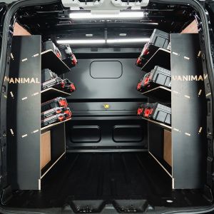 Rear van view of the Ford Transit Custom 2024- LWB Crew Cab Milwaukee Double Toolbox Hexaboard Van Racking (Pair)