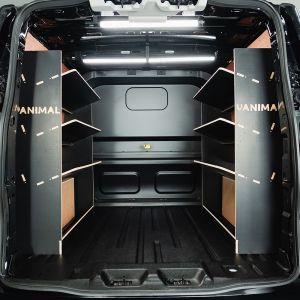 Rear van view of the Ford Transit Custom 2024- Crew Cab LWB Double Toolbox Hexaboard Van Shelving (Pair)