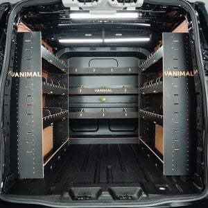 Rear van view of the Ford Transit Custom 2024- LWB Crew Cab 2 Adjustable & Bulkhead Hexaboard Racking