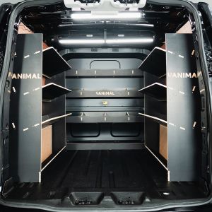 Rear van view of the Ford Custom 2024- LWB Crew Cab 2x Rear Toolbox and Bulkhead Hexaboard Van Shelving
