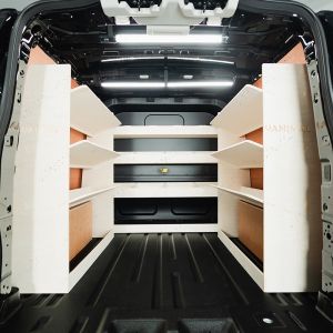 Rear van view of the Ford Transit Custom L2 2024- Crew Cab Rear Pair and Bulkhead Toolbox Van Shelving