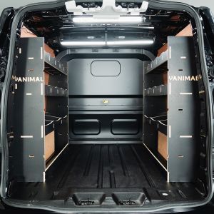 Rear van view of the Ford Transit Custom 2024- LWB Crew Cab Double Hexaboard Van Racking (Pair)