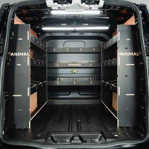 Rear van view of the Ford Transit Custom 2024- LWB Crew Cab Sides & Bulkhead Hexaboard Van Racking