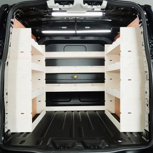 Rear van view of the Ford Transit Custom 2024- LWB Crew Cab Both Sides and Bulkhead Van Racking
