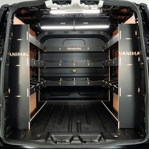 Rear van view of the Ford Transit Custom 2024- LWB Crew Cab U-Rack Full Hexaboard Van Racking
