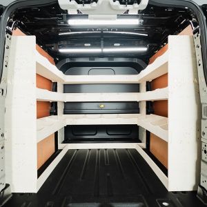 Rear van view of the Ford Transit Custom 2024- LWB Crew Cab Full Rear Racking - U-Rack