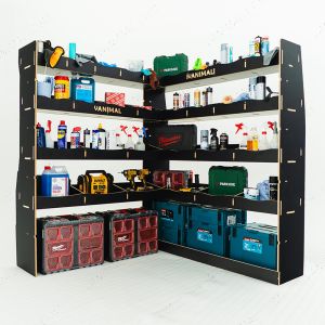 Rear van LH side angle view of the Maxus Deliver 9 2020- LWB Hexaboard Integrated Front Right & Bulkhead Van Racking displayed with tools and toolboxes