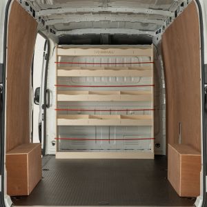 Rear van view of the Maxus Deliver 9 2020- LWB Full-Width Bulkhead Racking