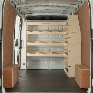 Rear van view of the Maxus Deliver 9 2020- LWB Bulkhead/Front L-Shape Racking (RH L-Rack)