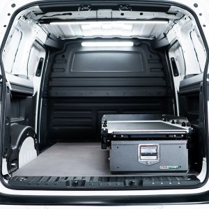 Rear van view of the VW ID Buzz Cargo ProTop Single Drawer System with Sliding Tray