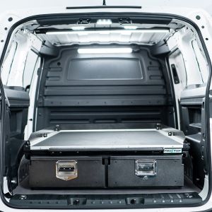 Rear van view of the VW ID Buzz Cargo ProTop Twin Drawer System with Sliding Tray 