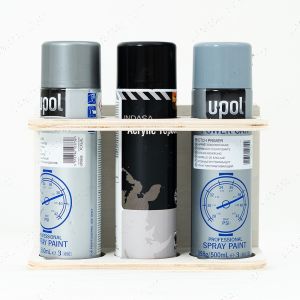Front view of the Ply Spray Can Holder for x3 Aerosol Cans displayed with aerosol cans