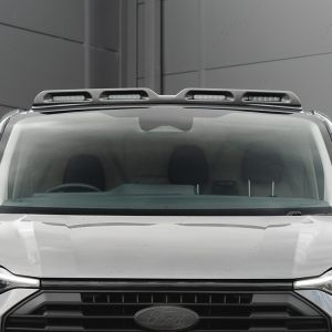 Close-up front van view of the Transit Custom 2023- Lazer Lights LED Roof Light Integration in Agate Black