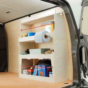 Side angle view of the Ford Transit Custom 2023- Rear Ulti-Rack Van Racking V2 displaying equipment, tools and boxes
