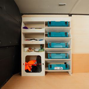 Side van view of the Ford Transit Custom 2012-2023 Front Ulti-Rack Van Racking V2 - displayed with Makita equipment
