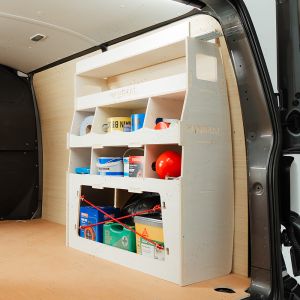 Side angle view of the Ford Transit Custom 2012-2023 Rear Ulti-Rack Van Racking displaying equipment, tools and boxes