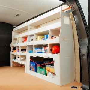 Rear van side angle view of the Fiat Scudo Driver Side Ulti-Rack Van Racking displayed with tools and equipment 