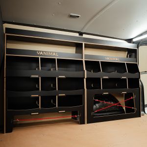 Side angle view of the Ford Transit Custom 2023- Hexaboard Driver Side Ulti-Rack Van Racking 