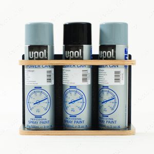 Front view of the Hexaboard Spray Can Holder displayed with x3 Aerosol Cans 