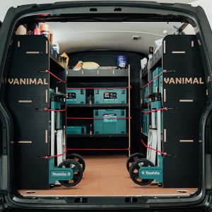 Rear van view of the Fiat Scudo SWB Hexaboard MakPac/Toolbox Full Van Racking displayed with Makita toolboxes and trolleys