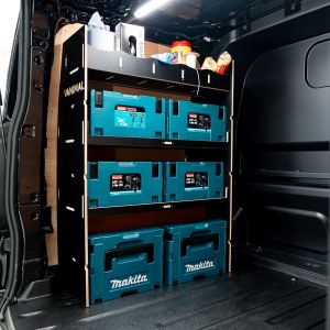 OS side angle view of the Ford Transit Custom 2024- SWB Crew Cab NS MakPac Toolbox Hexaboard Van Racking displayed with makpac toolboxes and tools