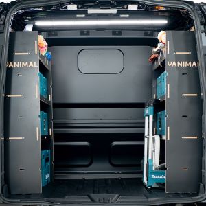 Rear van view of the Ford Transit Custom 2024- SWB Crew Cab Double MakPac Hexaboard Van Racking (Pair) displayed with tools and makita toolboxes