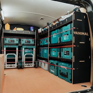 VW Transporter T5/T6 L1 Hexaboard MakPac/Toolbox Triple Van Racking Pack displaying equipment, tools and boxes
