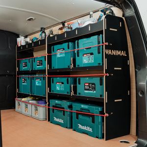 Rear van OS angle view of the Nissan Primastar 2022- SWB Hexaboard Driver Side MakPac/Toolbox Van Racking