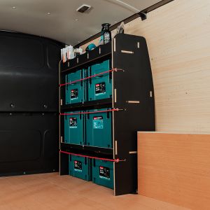 Side angle view of the VW Transporter T7 Hexaboard OS Front MakPac/Toolbox Shelves & Compartments - Makita tools displayed 