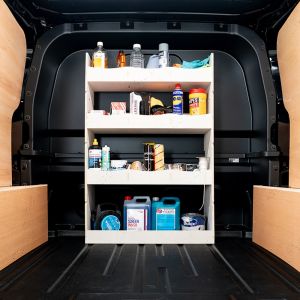 Rear van view of the Ford Transit Custom 2024- Crew Cab Bulkhead V2 Van Racking displayed with tools and equipment displayed 