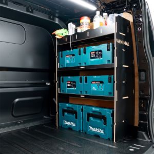 NS side angle view of the Ford Transit Custom 2024- SWB Crew Cab OS MakPac Toolbox Hexaboard Van Racking displayed with makpac toolboxes and tools 