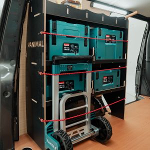 Side angle view of the Peugeot Expert 2016- SWB Hexaboard NS Rear MakPac/Toolbox Shelves & Compartments