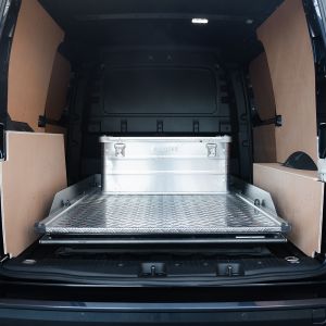 Rear van view of the Ford Transit Connect LWB 2024- ProTop Heavy Duty Chequer Plate Sliding Deck