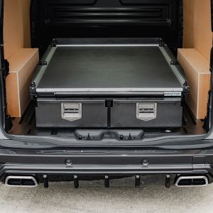 Close-up front view of the VW Transporter T7 2025- ProTop Twin Drawer System with Sliding Tray