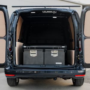 Rear van view of the Ford Transit Connect 2024- LWB ProTop Deep Twin Drawer System with Sliding Floor