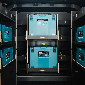 Rear van view of the Double MakPac Tool Box Hook-On Rack displayed with Makita boxes