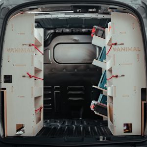 Rear van view of the Ford Transit Courier 2024- Triple Van Racking Pack with x4 Toolbox Shelves