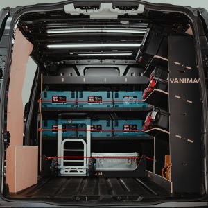Rear van view of the VW Transporter T7 SWB Hexaboard MakPac L-Rack Racking and Rear Toolbox Shelves
