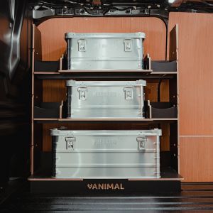 Side van view of the VW Transporter T7 Hexaboard Front Predator Storage Box (x3) Racking System