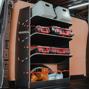 Rear van side angle view of the Ford Transit Custom 2023- SWB Hexaboard NS Rear Toolbox Racking with x3 Shelves