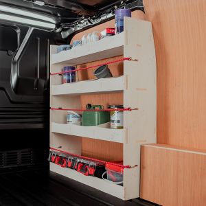 Side angle view of the Transit Custom 2012-2023 LWB OS Front Racking and Shelving Unit