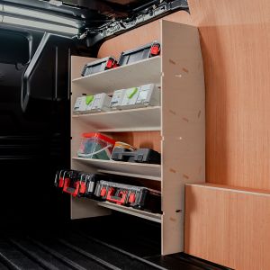 Side angle view of the Ford Transit Custom 2012-2023 Front Toolbox Van Racking with x4 Angled Shelves