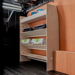 Side angle view of the Ford Transit Custom 2012-2023 Front Toolbox Van Racking with x3 Angled Shelves