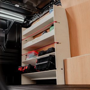 Side angle view of the Ford Transit Custom 2012-2023 Front Toolbox Van Racking with x2 Angled Shelves